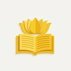Minimalist golden open book with a blooming lotus flower in layered paper cut style. Concept of spiritual wisdom, ancient knowledge, yoga philosophy, and mindfulness education.