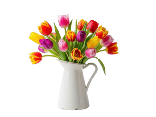 Bright Mixed Color Tulips Bouquet in White Enamel Pitcher on Black Background