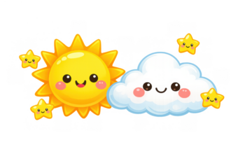 Happy sun and cloud cartoon characters smiling with cute stars celebrating good weather on transparent background