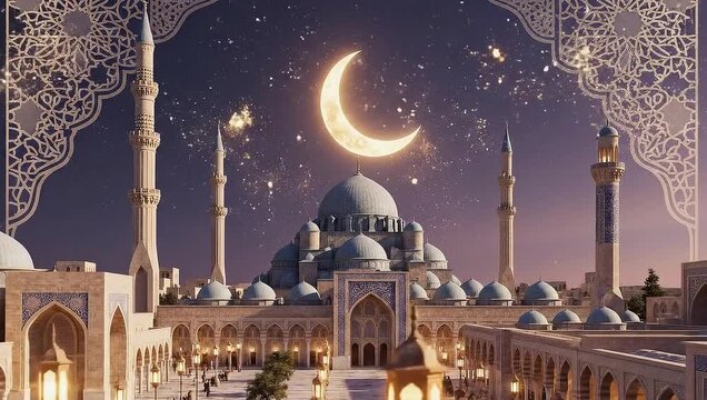 Serene night at the mosque under the crescent moon , 4k vedio