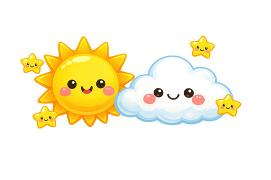 Happy sun and cloud cartoon characters smiling with cute stars celebrating good weather on transparent background