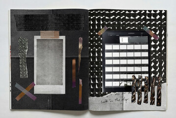Top view of an open design magazine featuring an abstract mixed media collage layout. The spread combines geometric patterns, textured paper, tape elements, monochrome tones, and graphic grids.