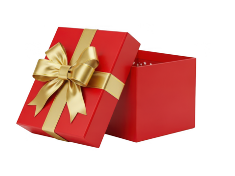 Bright Red Gift Box with Gold Satin Ribbon Bow on Black Background - Powered by Adobe
