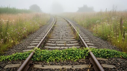 Obraz premium Railway tracks vanishing into atmospheric fog in a natural landscape setting