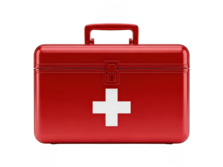 Bright Red Plastic First Aid Box with White Cross Symbol on Black Background