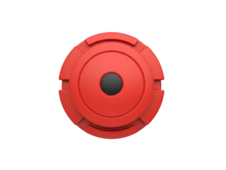 Bright Red Plastic Round With Central Hole And Ridged Edges On Black Background