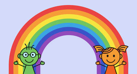 Simple cartoon drawing of a happy boy and girl standing beneath a bright colorful rainbow on white background