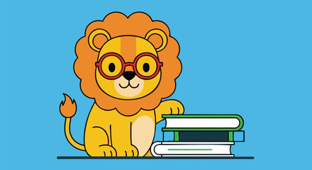 Cute cartoon lion character wearing spectacles sitting next to a small stack of academic textbooks on white background