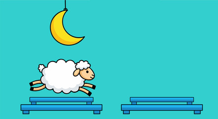 Cartoon sheep character happily jumping over blue exercise steps beneath a hanging yellow crescent moon on white background