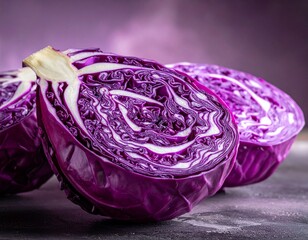 Freshly Cut Red Cabbage Halves on Dark Surface Display