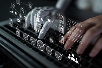 A robotic hand interacts with a keyboard in a modern workspace, overlaid with digital icons representing technology, data management, and user interaction trends. Gantry
