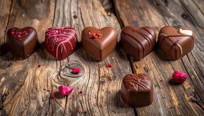 Row of elegant heart shaped chocolates with different flavors and decorations placed on aged wooden surface with small pink hearts. Concept of premium sweets for Valentines day