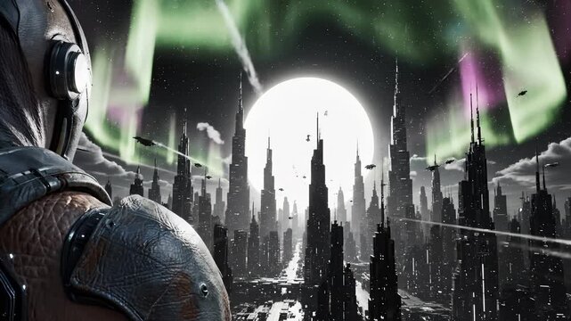 Futuristic Soldier Glimpsing Cyberpunk Cityscape With Aurora Borealis