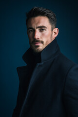 Obraz premium minimalist portrait of a man with a trimmed beard wearing a dark navy coat and a guarded expression embodies a romantic suspense archetype against a solid deep slate blue background.