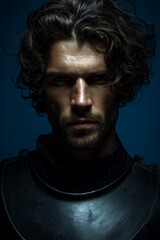 Fototapeta premium minimalist portrait of a man in a matte charcoal armor-inspired tunic embodying a dark fantasy cursed knight concept against a solid deep storm-blue background.
