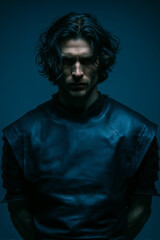 minimalist portrait of a man in a matte charcoal armor-inspired tunic embodying a dark fantasy cursed knight concept against a solid deep storm-blue background.
