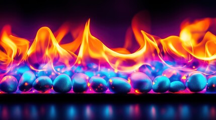 Bright flames flicker and undulate above a bed of colorful stones, showcasing a mesmerizing interplay of fire and color