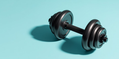 Matte black adjustable dumbbell in fitness workout concept on pastel powder blue background