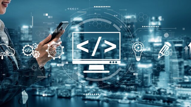 Modern web development concept featuring coding symbols, web development process, web development interface, and web development tools with futuristic design. Muxer - Powered by Adobe