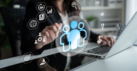 Glowing human figures surrounded by business icons representing HR data analysis, employee management, and recruitment analytics Parse