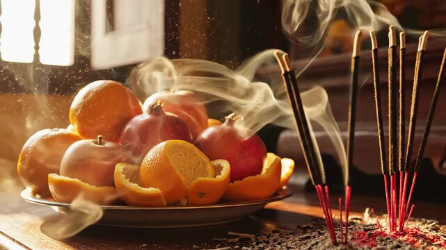 Incense Sticks Burning With Fruit Offering On A Table With Soft Sunlight Through A Window And Gentle Smoke Wisps Creating A Spiritual Atmosphere And Serene Still Life Scene