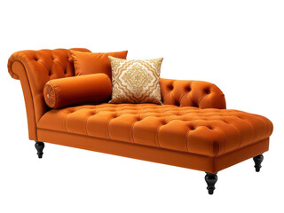 Fototapeta premium Burnt Orange Velvet Chaise Lounge with Tufted Backrest and Decorative Pillow