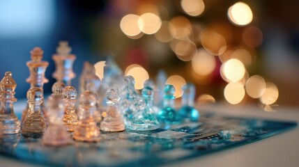 Glass chess pieces on a board with blurred background lights