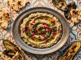 Baba ghanoush with pomegranate seeds and torn mint leaves, rustic metal platter on patterned Moroccan tiles