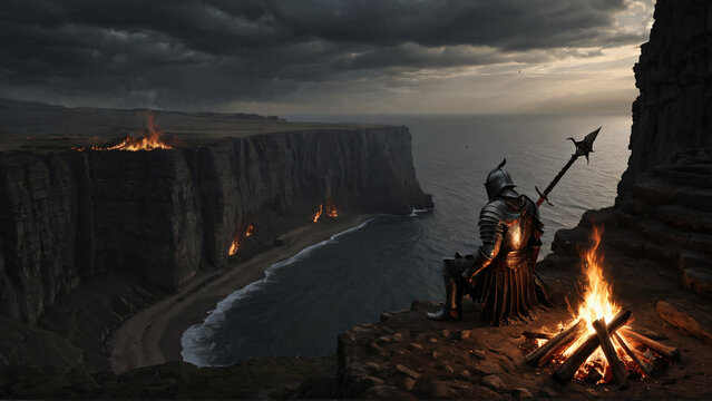 Ritter rastet an Lagerfeuer auf Klippe vor brennender K&uuml;ste