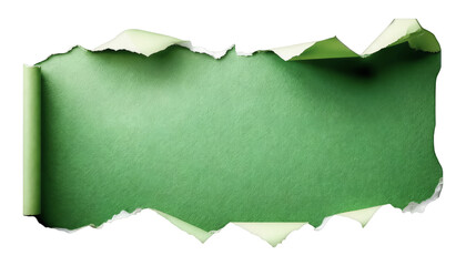  Crumpled and wet green torn paper piece of a rolled paper sheet on transparent background