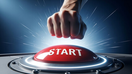 Ignite Your Potential A Determined Fist Hovers Over a Brightly Glowing Red Start Button, Symbolizing Decisive Action and Launching Ambitious Ventures
