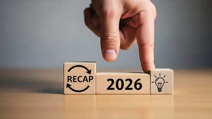 Hand pushing a block with '2026' and a lightbulb symbolizing new ideas and innovation, next to a block with 'Recap' indicating a review of past events, representing a forward-looking approach