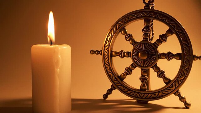 Lit White Candle Beside Ornate Golden Dharma Wheel Symbol with Warm Golden Lighting and Soft Shadows on a Textured Surface