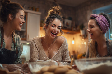 laughter in the kitchen with friends, friends cooking together in a messy kitchen, joyful human connection through shared cooking moments