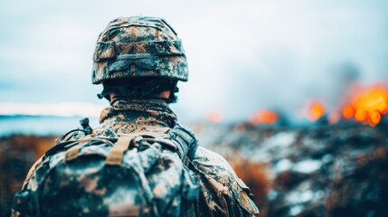 Soldier observes smoke and fire during military exercise in harsh environment