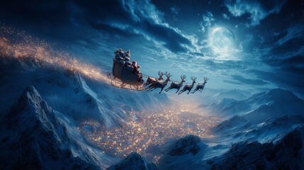 Fototapeta premium Silhouette of Flying Santa Claus Sleight with Reindeer