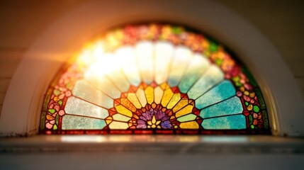 Stained glass window lets in light in a quiet indoor space during daytime