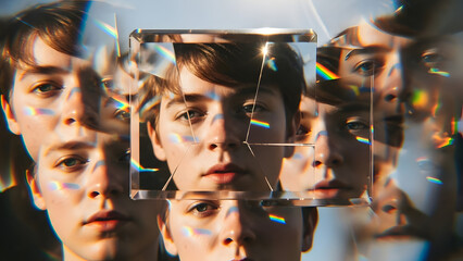 Multiple Exposures of Man's Face with Kaleidoscope Effect.