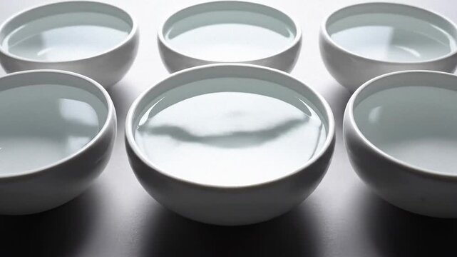 Multiple White Ceramic Bowls Filled With Clear Water Arranged In Rows With Subtle Ripples And Shadows On A Gray Surface In A Studio Setting With Soft Lighting Creating A Serene And Minimalist