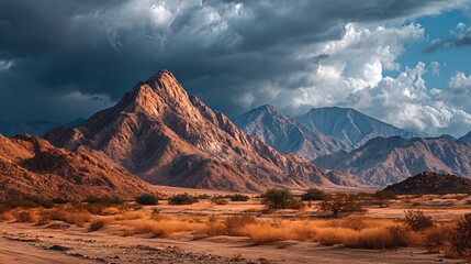 Rugged Desert Mountains under Dramatic Stormy Sky in Arid Landscape