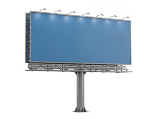Empty Blue Digital Billboard on Metal Stand Illuminated Against Black Background