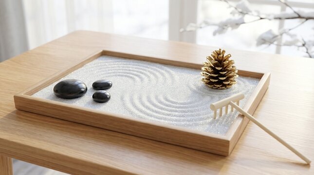 Desktop Zen Sand Garden with Sparkly White Sand a Golden Pinecone and Black Stones on a Wooden Table - Powered by Adobe