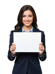 Fototapeta premium Businesswoman holding blank sign isolated on transparent background