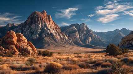 Red Rock Canyon Mountains in Arid Nevada Desert Landscape under Blue Sky