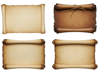 Four Aged Parchment and Leather Textured Scrolls Tied with Twine on Dark Background