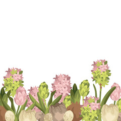 Obraz premium Hand-drawn Easter floral border made of hyacinth flowers, buns and buds, cracked eggshell and bird eggs, seasonal design template