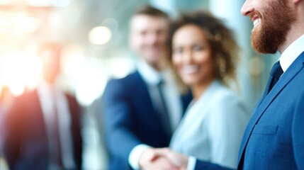 Business professionals shake hands during a meeting in an office setting
