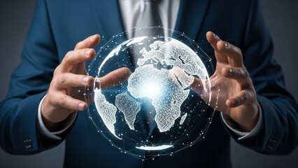 A man in a suit holds a glowing digital globe between his hands, representing global connection.