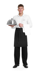 Waiter in uniform with tray, lid and towel on white background