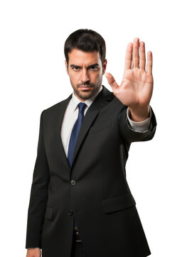 Businessman signaling stop isolated on transparent background